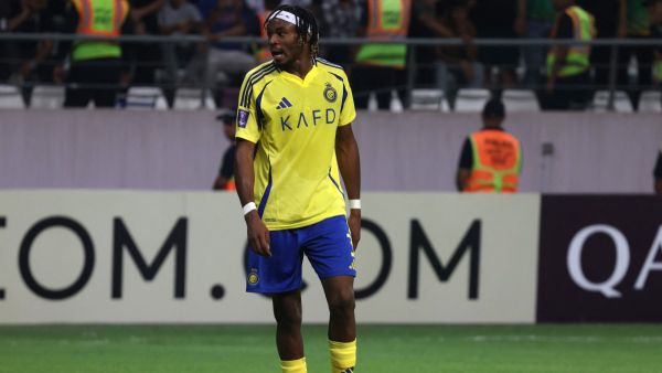 Nassr's French defender #03 Mohamed Simakan reacts after his team conceded a goal during the AFC Champions League Elite West Region football match between Iraq's Al-Shorta and Saudi Arabia's Al-Nassr at the Al-Madina Stadium in Baghdad's Sadr City on September 16, 2024. (Photo by AHMAD AL-RUBAYE / AFP)
