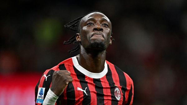 AC Milan's British forward #90 Tammy Abraham celebrates scoring his team's fourth goal during the Italian Serie A football match between AC Milan and Venezia FC at the San Siro Stadium in Milan, on September 14, 2024. (Photo by Gabriel BOUYS / AFP)
