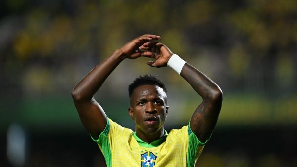 Brazil's winger Vinicius Junior reacts during the 2026 FIFA World Cup South American qualifiers football match between Brazil and Ecuador, at the Major Antônio Couto Pereira stadium in Curitiba, Brazil, on September 6, 2024. (Photo by Mauro PIMENTEL / AFP)