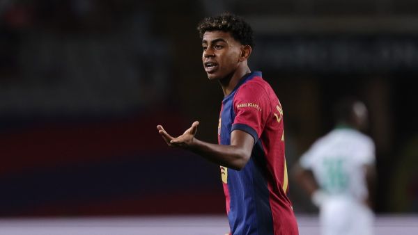 Barcelona's Spanish forward #19 Lamine Yamal reacts during the Spanish league football match between FC Barcelona and Getafe CF at the Estadi Olimpic Lluis Companys in Barcelona on September 25, 2024. (Photo by LLUIS GENE / AFP)