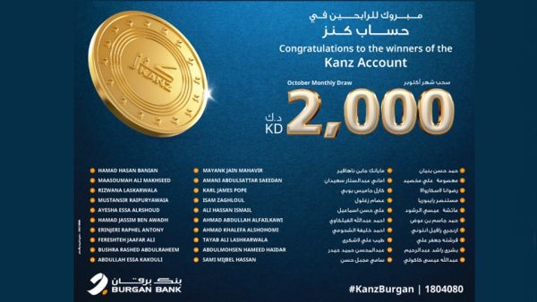 Burgan Bank Announces the Names of the Monthly Draw Winners of Kanz Account