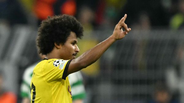 Dortmund's German forward #27 Karim Adeyemi celebrates scoring his team's fifth goal 5:1 during the UEFA Champions League football match between Borussia Dortmund and Celtic in Dortmund, western Germany on October 1, 2024. (Photo by INA FASSBENDER / AFP)