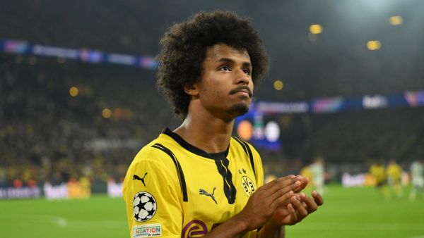 Dortmund's German forward #27 Karim Adeyemi reacts as he leaves the pitch after injury during the UEFA Champions League football match between Borussia Dortmund and Celtic in Dortmund, western Germany on October 1, 2024. (Photo by INA FASSBENDER / AFP)