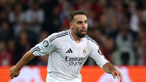 Real Madrid's Spanish defender #02 Dani Carvajal controls the ball duing the UEFA Champions League football match between Lille LOSC and Real Madrid at the Pierre Mauroy Stadium in Villeneuve-d'Ascq, northern France, on October 2, 2024. (Photo by FRANCK FIFE / AFP)