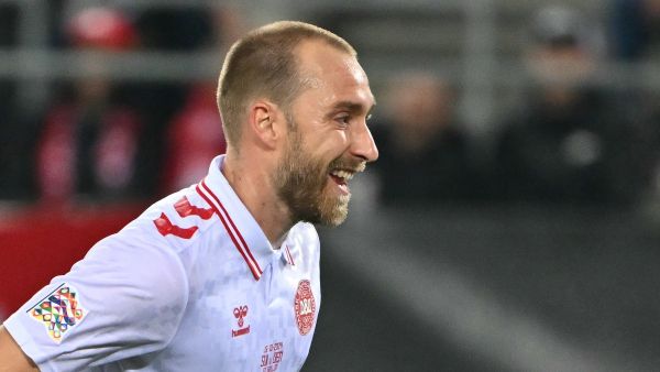 Denmark's midfielder #10 Christian Eriksen reacts after scoring Denmark's second goal during the UEFA Nations League, League A, Group A4 football match between Switzerland and Denmark at The Kybunpark in St Gallen on October 15, 2024. (Photo by Fabrice COFFRINI / AFP)