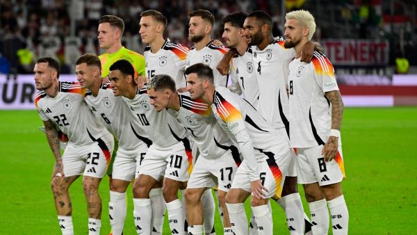 Players of the German team pose for a team photo prior to the League A Group A3 football match of the UEFA Nations League between Germany and Hungary in Duesseldorf, western Germany, on September 7, 2024 (Photo by John MACDOUGALL / AFP)
