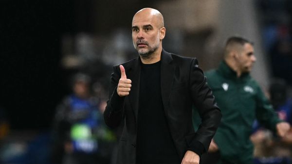 Manchester City's Spanish manager Pep Guardiola gives a thumbs up during the UEFA Champions League football match between SK Slovan Bratislava and Manchester City in Bratislava, Slovakia on October 1, 2024. (Photo by Joe Klamar / AFP)