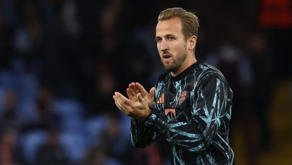 Bayern Munich's English forward #09 Harry Kane reacts ahead of the UEFA Champions League league stage football match between Aston Villa and Bayern Munich at Villa Park in Birmingham, central England on October 2, 2024. (Photo by Darren Staples / AFP)