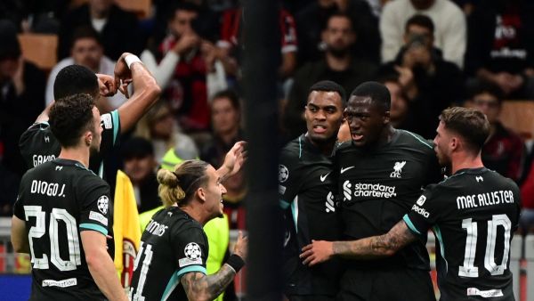 Liverpool's French defender #05 Ibrahima Konate (2nd R) celebrates with teammates after scoring his team's first goal during the UEFA Champions League 1st round day 1 football match between AC Milan and Liverpool FC at the San Siro stadium in Milan on September 17, 2024. (Photo by PIERO CRUCIATTI / AFP)