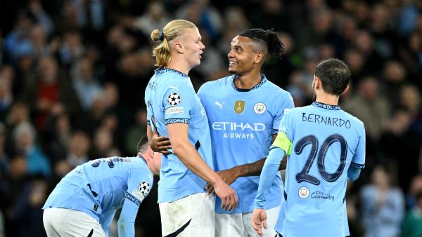 Manchester City's Norwegian striker #09 Erling Haaland (2L) celebrates scoring the team's second goal during the UEFA Champions League football match between Manchester City and Sparta Prague at the Etihad Stadium in Manchester, north west England, on October 23, 2024. (Photo by Oli SCARFF / AFP)