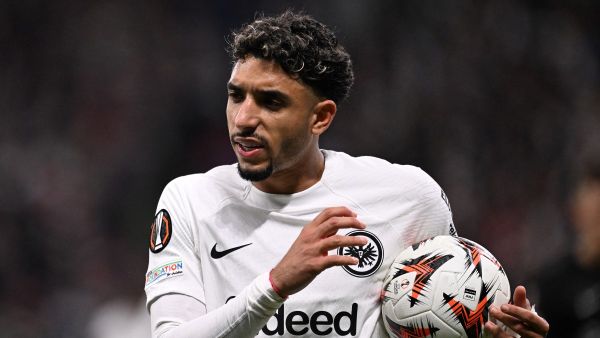 Frankfurt's Egyptian forward #07 Omar Marmoush reacts during the UEFA Europa League football match between Eintracht Frankfurt and FK RFS in Frankfurt am Main, western Germany on October 24, 2024. (Photo by Kirill KUDRYAVTSEV / AFP)