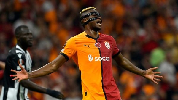 Galatasaray's Nigerian forward #45 Victor Osimhen reacts during the UEFA Europa League 1st round day 1 football match between Galatasaray SK and PAOK FC at the Ali Sami Yen Sports Complex in Sisli, near Istanbul, on September 25, 2024. (Photo by Yasin AKGUL / AFP)