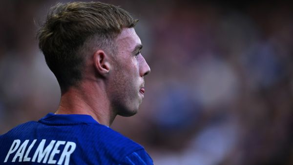 Chelsea's English midfielder #20 Cole Palmer reacts during the pre-season friendly football match between Chelsea and Inter Milan at the Stamford Bridge stadium in London on August 11, 2024. (Photo by JUSTIN TALLIS / AFP)