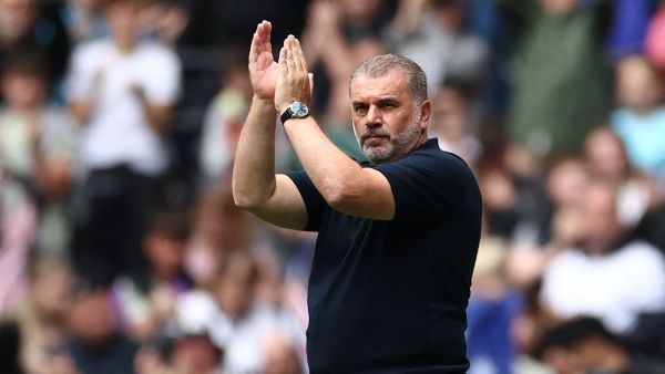 Tottenham Hotspur's Greek-Australian Head Coach Ange Postecoglou is introduced ahead of the pre-season friendly football match between Tottenham Hotspur and Shakhtar Donetsk at the Tottenham Hotspur Stadium, in London, on August 6, 2023. (Photo by HENRY NICHOLLS / AFP)