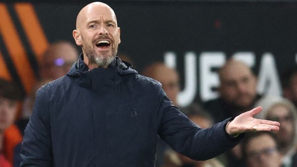 Manchester United's Dutch manager Erik ten Hag reacts during the UEFA Europa league stage football match between Manchester United and FC Twente at Old Trafford stadium in Manchester, north west England, on September 25, 2024. (Photo by Darren Staples / AFP)