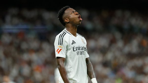Real Madrid's Brazilian forward #07 Vinicius Junior reacts during the Spanish league football match between Real Madrid CF and Villarreal CF at the Santiago Bernabeu stadium in Madrid on October 5, 2024. (Photo by OSCAR DEL POZO / AFP)