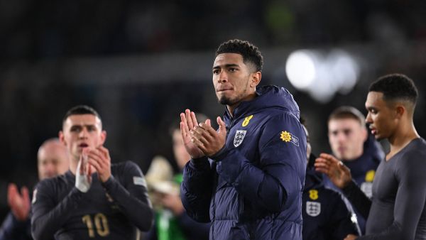 England's midfielder #08 Jude Bellingham (C) reacts at the end of the UEFA Nations League, League B Group B2 football match Finland vs England at the Olympic Stadium in Helsinki, Finland, on October 13, 2024. (Photo by Jonathan NACKSTRAND / AFP)