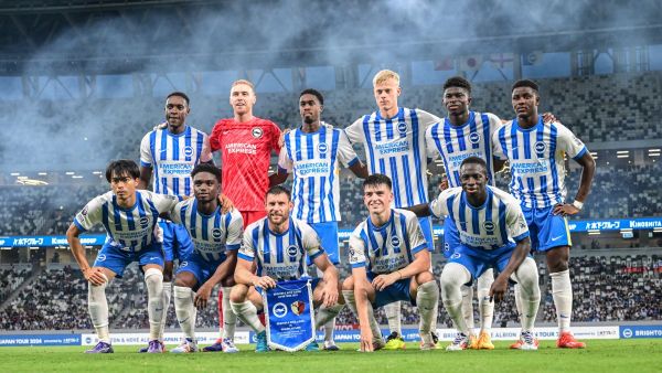 Brighton’s players pose for photographs prior to an international club friendly football match between Brighton and Hove Albion FC and Kashima antlers FC at the Japan National Stadium in Tokyo on July 24, 2024. (Photo by Yuichi YAMAZAKI / AFP)