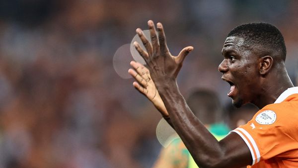 Ivory Coast's defender #2 Ousmane Diomande reacts during the Africa Cup of Nations (CAN) 2024 group A football match between Ivory Coast and Guinea-Bissau at the Alassane Ouattara Olympic Stadium in Ebimpe, Abidjan, on January 13, 2024. (Photo by FRANCK FIFE / AFP)