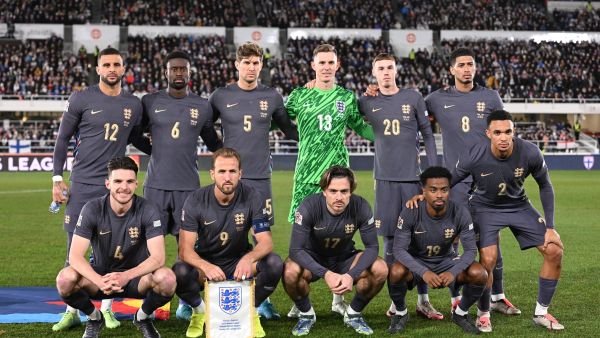 England's team poses for a group photo prior to the UEFA Nations League, League B Group B2 football match Finland vs England at the Olympic Stadium in Helsinki, Finland, on October 13, 2024. (Photo by Jonathan NACKSTRAND / AFP)