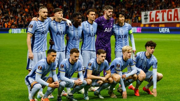 Tottenham players pose before the UEFA Europa League, League phase - Matchday 4, football match between Galatasaray and Tottenham at the Ali Sami Yen Spor Kompleksi in Istanbul on November 7, 2024. (Photo by KEMAL ASLAN / AFP)