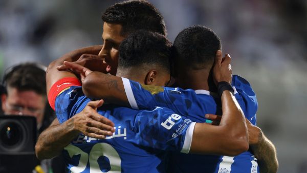 Hilal's Saudi midfielder #29 Salem al-Dawsari celebrates scoring the opener with temmates during the Saudi Pro League football match between Al-Hilal and al-Riyadh at the Prince Faisal bin Fahd Sports City in Riyadh on September 14, 2024. (Photo by Fayez NURELDINE / AFP)