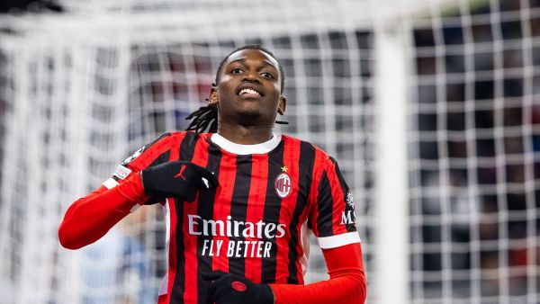 AC Milan's Portuguese forward #10 Rafael Leao celebrates scoring during the UEFA Champions League football match SK Slovan Bratislava vs AC Milan in Bratislava, Slovakia on November 26, 2024. (Photo by -STR / AFP)