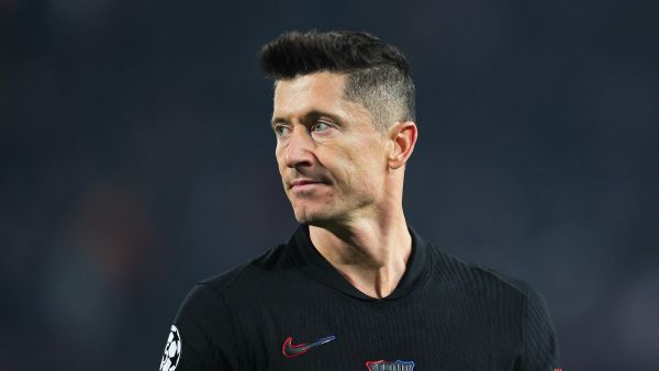 Barcelona's Polish forward #09 Robert Lewandowski looks on during the UEFA Champions League, League phase - Matchday 4 football match between Crvena Zvezda Beograd and FC Barcelona, at the Rajko-Mitic Stadium, in Belgrade, on November 6, 2024. (Photo by Pedja Milosavljevic / AFP)