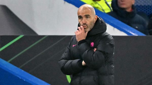 Chelsea's Italian head coach Enzo Maresca reacts during the UEFA Europa Conference League, League Stage football match between Chelsea and FC Noah at Stamford Bridge in London on November 7, 2024. Chelsea won the match 8-0. (Photo by Glyn KIRK / AFP)