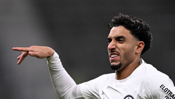 Frankfurt's Egyptian forward #07 Omar Marmoush celebrates scoring the 1-0 opening goal during the UEFA Europa League Group Matchday 4 football match between Eintracht Frankfurt and Slavia Prague in Frankfurt am Main, on November 7, 2024. (Photo by Kirill KUDRYAVTSEV / AFP)