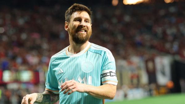 Lionel Messi #10 of Inter Miami reacts against Atlanta United during the second half of the 2024 MLS Cup Playoffs at Mercedes-Benz Stadium on November 02, 2024 in Atlanta, Georgia. Kevin C. Cox/Getty Images/AFP (Photo by Kevin C. Cox / GETTY IMAGES NORTH AMERICA / Getty Images via AFP)