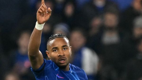 Chelsea's French striker #18 Christopher Nkunku celebrates scoring the team's seventh goal during the UEFA Europa Conference League, League Stage football match between Chelsea and FC Noah at Stamford Bridge in London on November 7, 2024. (Photo by Glyn KIRK / AFP)