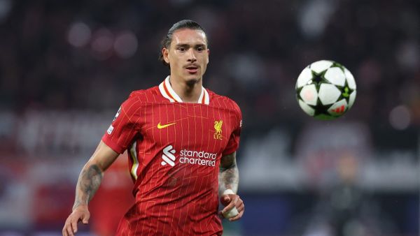 Liverpool's Uruguayan striker #09 Darwin Nunez eyes the ball during the UEFA Champions League football match between RB Leipzig and Liverpool FC in Leipzig, eastern Germany on October 23, 2024. (Photo by Ronny HARTMANN / AFP)