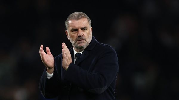 Tottenham Hotspur's Greek-Australian Head Coach Ange Postecoglou applauds fans on the pitch after the UEFA Europa League, League stage day 3 football match between Tottenham Hotspur and AZ Alkmaar at the Tottenham Hotspur Stadium in London, on October 24, 2024. Spurs won the game 1-0. (Photo by HENRY NICHOLLS / AFP)
