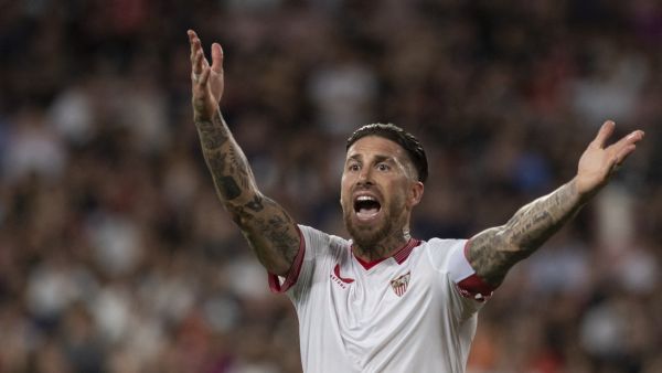 Sevilla's Spanish defender #4 Sergio Ramos reacts during the Spanish league football match between Sevilla FC and FC Barcelona at the Ramon Sanchez Pizjuan stadium in Seville on May 26, 2024. (Photo by JORGE GUERRERO / AFP)