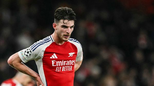 Arsenal's English midfielder #41 Declan Rice reacts at the end of the UEFA Champions League football match between Arsenal and Shakhtar Donetsk at the Emirates Stadium in north London on October 22, 2024. Arsenal wins 1 - 0 against Shakhtar Donetsk. (Photo by Glyn KIRK / AFP)