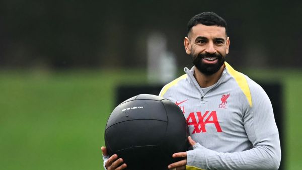 Liverpool's Egyptian striker #11 Mohamed Salah takes part in a training session, at the AXA training centre in Liverpool, north west England, on November 4, 2024, on the eve of their UEFA Champions League football match against Bayer Leverkusen. (Photo by Paul ELLIS / AFP)