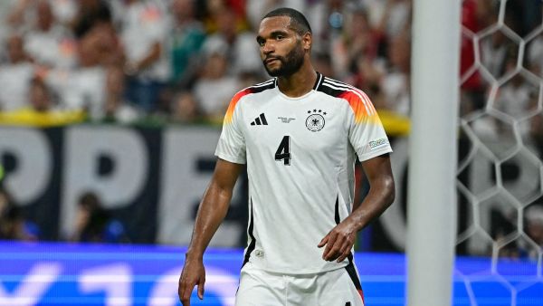 Germany's defender #04 Jonathan Tah reacts after conceding the 1-0 goal during the UEFA Euro 2024 Group A football match between Switzerland and Germany at the Frankfurt Arena in Frankfurt am Main on June 23, 2024. (Photo by Tobias SCHWARZ / AFP)