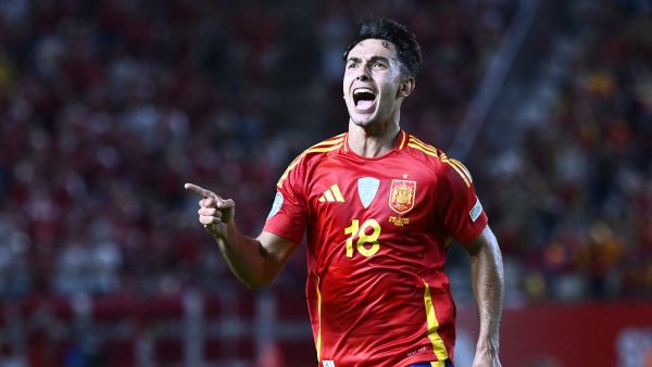 Spain's midfielder #18 Martin Zubimendi celebrates scoring the opening goal during the UEFA Nations League, league A group 4 football match between Spain and Denmark at Nueva Condomina stadium in Murcia, on October 12, 2024. (Photo by JOSE JORDAN / AFP)