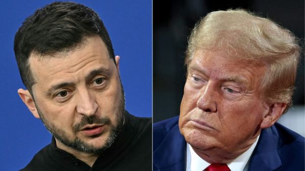 This combination of pictures created on November 07, 2024 shows Ukraine's President Volodymyr Zelensky (l) gives a press conference at the European Political Community Summit in Budapest, Hungary, on November 7, 2024, and former US President and Republican presidential candidate Donald Trump (R) attends a town hall meeting moderated by Arkansas Governor Sarah Huckabee Sanders at the Dort Financial Center in Flint, Michigan, on September 17, 2024. (Photo by Attila KISBENEDEK and JEFF KOWALSKY / AFP) Zelensky, Donald Trump