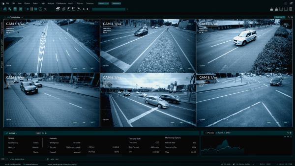 CCTV Traffic Speeding Security Camera. Road Safety Supervision Technology in the Middle of Busy Urban City Area with Intense Car Driving. Software Interface of Monitoring Speed Limit, Road Safety