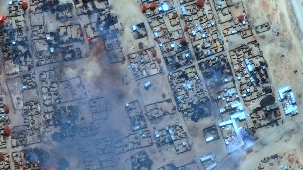 This handout image courtesy of Maxar Technologies released on April 17, 2025, shows smoke billowing and burned buildings in the Zamzam camp near the besieged Darfur city of Al Fashir. Photo by - / SATELLITE IMAGE ©2025 MAXAR TECHNOLOGIES / AFP Al Fashir city