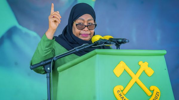 MICHAEL JAMSON / AFP Photo by MICHAEL JAMSON / AFP Tanzania’s ruling party Chama Cha Mapinduzi (CCM) presidential candidate and incumbent President Samia Suluhu Hassan delivers her remarks during the party's closing campaign rally in Mwanza on October 28, 2025. Samia Suluhu Hassan