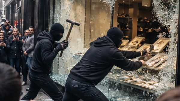 لصّان ملثمان يقتحمان محل مجوهرات وسط صمت المتفرجين