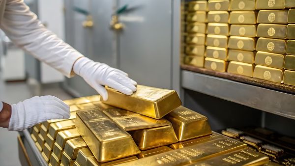 أيدي مصرفية ترتدي قفازات بيضاء، مدير خزنة بنك يحمل قطعة من الذهب، مفهوم الاحتياطيات الوطنية من الذهب. مدخرات واستثمارات، أعمال ومالية.