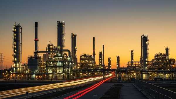 صورة خارجية لمنشأة طاقة صناعية مستقبلية عند غروب الشمس، تُظهر مصفاة نفط متقدمة بتفاصيل معقدة.