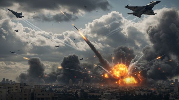 مشهد حربي واقعي بين إسرائيل وإيران، صراع عسكري حديث، مقاتلات في السماء، صواريخ تطلق، وأعمدة الدخان تتصاعد.