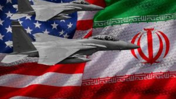 علمَا الولايات المتحدة وإيران في خلفية ترمز إلى المفاوضات النووية وتخفيف العقوبات.