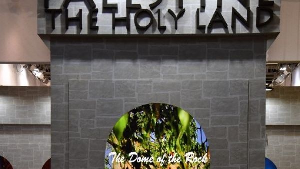 A view of the Palestine stand is pictured at the International Tourism Trade Fair (ITB, Internationale Tourismusboerse) in Berlin during the fair's opening day on Mar. 7, 2018. The business platform for global touristic offers is running from Mar. 7 to 11, 2018.
(John MACDOUGALL / AFP)