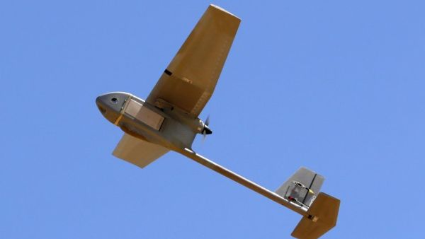 An RQ-11 Raven Small Unmanned Aircraft System is seen during the joint Israeli-US military "Juniper Cobra" exercise at the Tze'elim Urban Warfare Training Centre (UWTC) base in southern Israel on Mar. 12, 2018. Exercise Juniper Cobra is a five-day combined military exercise between Israel and the United States. 
(JACK GUEZ / AFP)